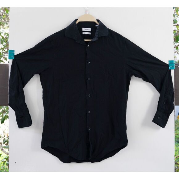 Calvin Klein Long Sleeve Button Up Collared Shirt Black Slim Fit Men’s Size M - Picture 1 of 5